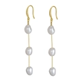 Long S925 silver earrings featuring three white baroque pearls on a gold-plated chain - GPE12 Three-Pearl Tassel Earrings / Gold