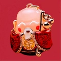 Cute pink longevity deity keychain with golden staff and auspicious character charm - God of Longevity