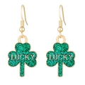 Pendientes de trébol verde con purpurina para San Patricio y texto Lucky dorado - Trébol con Letra LUCKY Verde (K-077)