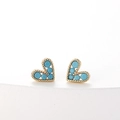 Delicate gold heart stud earrings featuring inlaid blue turquoise-style round beads - Turkish Blue (ES0041)