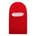 Detail of red knit balaclava showing thick white plush lining for winter warmth - Red