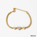 Gold stainless steel snake chain bracelet with three sparkling rhinestone heart charms - Gold Bracelet (BS542)