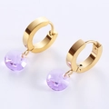 Pendientes de aro dorados minimalistas con colgantes redondos de cristal púrpura mujer - Lavanda