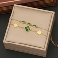 Gold double-layer stainless steel necklace with emerald green heart clover and zircons - 2# Bracelet