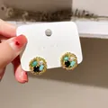Vintage gold woven earrings with deep green gems, blue crystals and pearls - 25# Silver Earring Post - Vintage Palace Style Woven Hoop Style (HE12911)