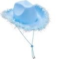 Blue western cowboy hat featuring soft feather trim and adjustable chin strap design - Light Blue Cowboy Hat With Silver Wire