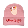 Close-up of pink knit hat featuring Merry Christmas holiday prints and character hand graphics - Pink - Style A