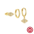 Set di 3 orecchini occhio del diavolo in argento S925 placcato oro con zirconi blu - Set da 3 pezzi (Malocchio a Lobo/Cerchi con Ciondolo) / Oro #5 (Malocchio)