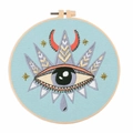 DIY eye embroidery kit with crown and stars on a light blue fabric in wooden hoop - Light Blue Celestial Eye Style (A60027)