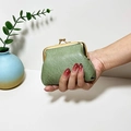 Vintage sage green pebble grain leather coin purse with classic golden kiss lock closure - Grass Green