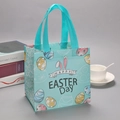 Sac cadeau de Pâques bleu clair en non-tissé avec œufs colorés et motifs de lapin - XH30-Horizontal
