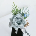 French style dusty blue artificial rose groom boutonniere with silver ribbon detail - Misty Blue - Boutonniere
