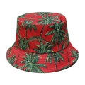 Detail of red bucket hat with green coconut tree print and reinforced brim stitching - M (56-58cm) / Red