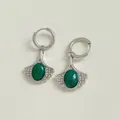 Silver stainless steel fan earrings with green stone and pavé zircon stones - Silver + Green Zirconia (PDE1513)
