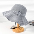 Grey woven sun hat with a 3D floral accent and adjustable wind rope for women - Grey Flower Crochet