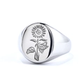 Silver stainless steel oval ring with sunflower relief design on a white background - Size 11 / Sunflower Signet Style (纯钢色02405)