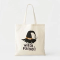 Close-up of beige canvas tote with Witch Pleeease text and hat print for Halloween - 35cmx40cm