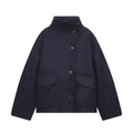 Women's dark blue wool blend jacket with stand-up collar and buttoned pockets - XS / Black