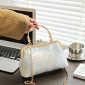 Elegant floral brocade cheongsam handbag with gold frame, top handle and chain strap - Simple Gold Thread Rose / Sky Blue