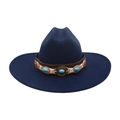 Navy blue wide brim wool fedora with turquoise and amber gemstone hat band decor - Navy Blue