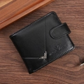 Men's bifold wallet in black textured leather with metal buckle and V-shaped detail - Black