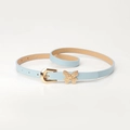 Light blue faux leather belt featuring a gold butterfly buckle and classic pin closure - Sky Blue