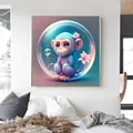 Detail of modern DIY diamond painting featuring a cartoon blue monkey in bubbles on a wall - Monkey / 30x30cm Frameless