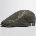 Men's olive green cotton flat cap with side embroidery and metal buckle detail - Adjustable (55-59cm) / Army Green