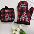 Red and black buffalo plaid Merry Christmas oven mitt and pot holder set - H042 Christmas Plaid Wreath