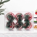 Pack of 6 red and white plaid Christmas tree balls with pine needles and cones - 8cm Style 2 (Red White Plush Ball Boxed)