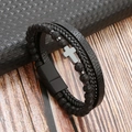 Men's multi-layer leather bracelet with black volcanic stones and a silver metal cross charm - Black+Volcanic Stone