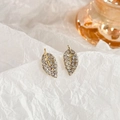 Golden leaf-shaped pearl earrings with sparkling zircons on a white textured backdrop - 61# Gold Leaf Zircon Studs