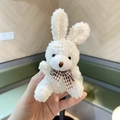 White plush bunny keychain with brown plaid bow tie made of soft curly fleece - Milk White Rabbit