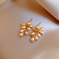 Matte gold leaf cluster stud earrings presented on an elegant beige silk background - 17# Grape Cluster Style (17# S925 Post-Gold)