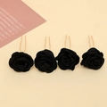 Detail of four black fabric rose hair pins with gold U-shaped metal clips for bridal hair - Black Fabric Rose Style (FZ-001) / 4Pcs Set / Black