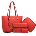 Elegant 4-piece red tote bag set with crossbody, clutch, and card holder in cross pattern - Four-Piece Set / Red