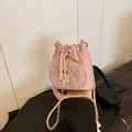 Pink drawstring mini bucket bag with camellia detail and gold chain strap for girls - Pink