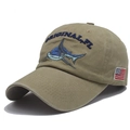 Khaki washed cotton baseball cap featuring blue shark embroidery and USA flag patch - Adjustable / Khaki