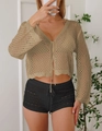 Detail of bohemian hollow-out knit cardigan with tie-front design and matching shorts - One Size / Tops / Khaki