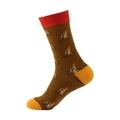 Brown mid-calf socks with red cuffs, yellow heels, and creative cyclist pattern motifs - Brown Cycling Women