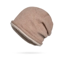 Winter knitted slouchy beanie for women in oatmeal beige with double-layer warmth - Caramel With Contrasting Roll Edge