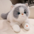 Grey and white realistic plush cat with blue eyes and meowing sound feature - 50cm No Bib / Grey & White