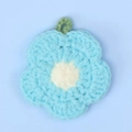 Handmade light blue knitted flower pendant keychain with green loop for crafts - Blue Crochet Flower