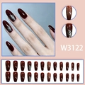 Set da 24 unghie finte lunghe a bara color bordeaux con decori floreali e strisce - Stile Lucido Rosso Scuro Con Strisce a Farfalla (W3122 Glue Style)