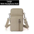 Beige nylon crossbody phone bag in large size featuring multi-zipper and earphone hole - Large (With Headphone Jack) / Khaki