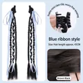 Brown black 45cm braided hair extensions with light blue ribbons and mini claw clips - Ponytail Clip with Blue Ribbon / 45CM / Pair / Calico