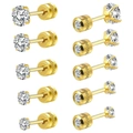 Set of 5 pairs of gold plated cubic zirconia stud earrings in varying sizes for women - Gold Set