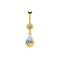 Detail of gold belly button ring with teardrop zircon and delicate flower setting - Gold White Zirconia Flower (BR24011001)