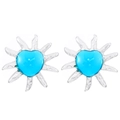 Detail of vintage sun-shaped earrings with a blue heart gemstone and silver rays - Silver Tone Blue Sun (Z-057)