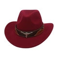 Detail of burgundy cowboy hat featuring leather band and silver bull head ornament - Wine Red (With Bull Head)